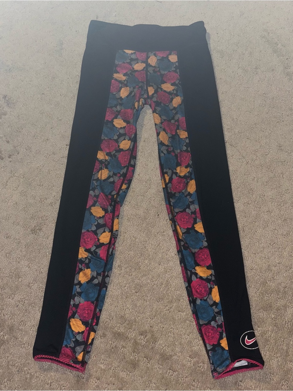 Nike Kids Black Leggings with Pink, Yellow & Blue Floral Panels, Size Girls M